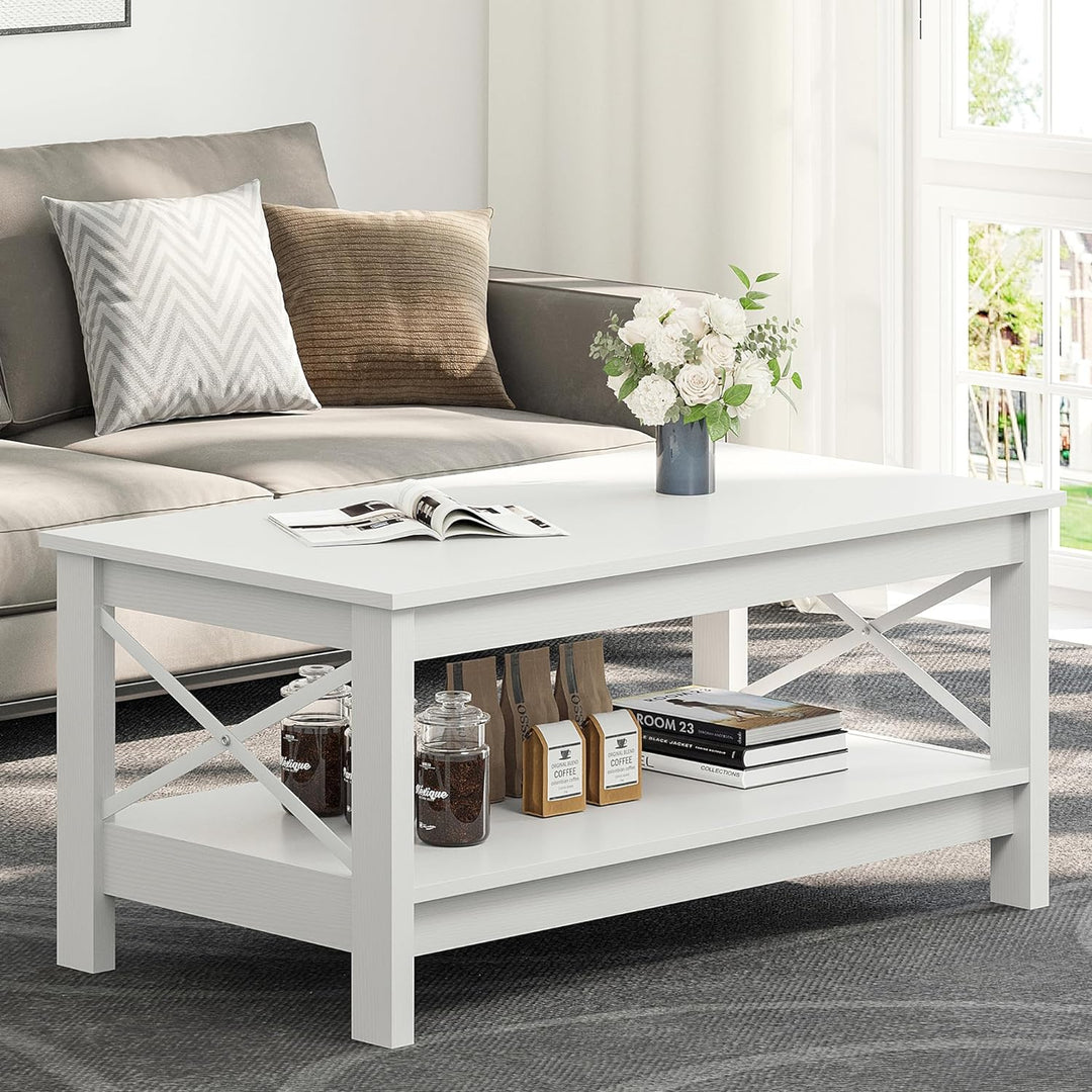 YITAHOME Modern Farmhouse Coffee Table with Storage, Wood Accent Cocktail Table, White