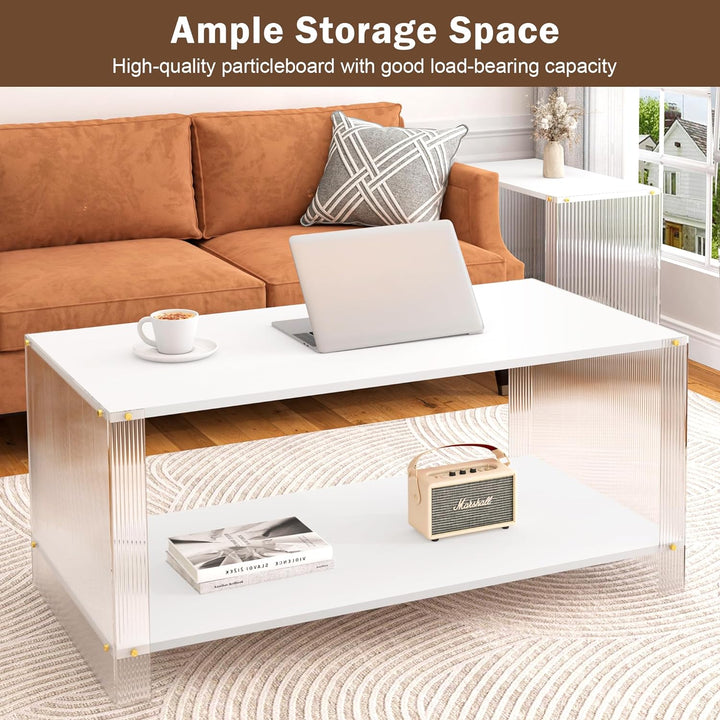 2-Tier Modern Coffee Table, Small Wooden Center Table, White