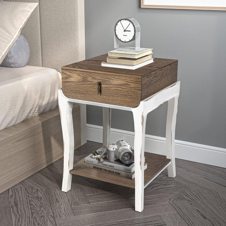 2 Rustic Nightstand, 2-Tier Farmhouse Bedside Table