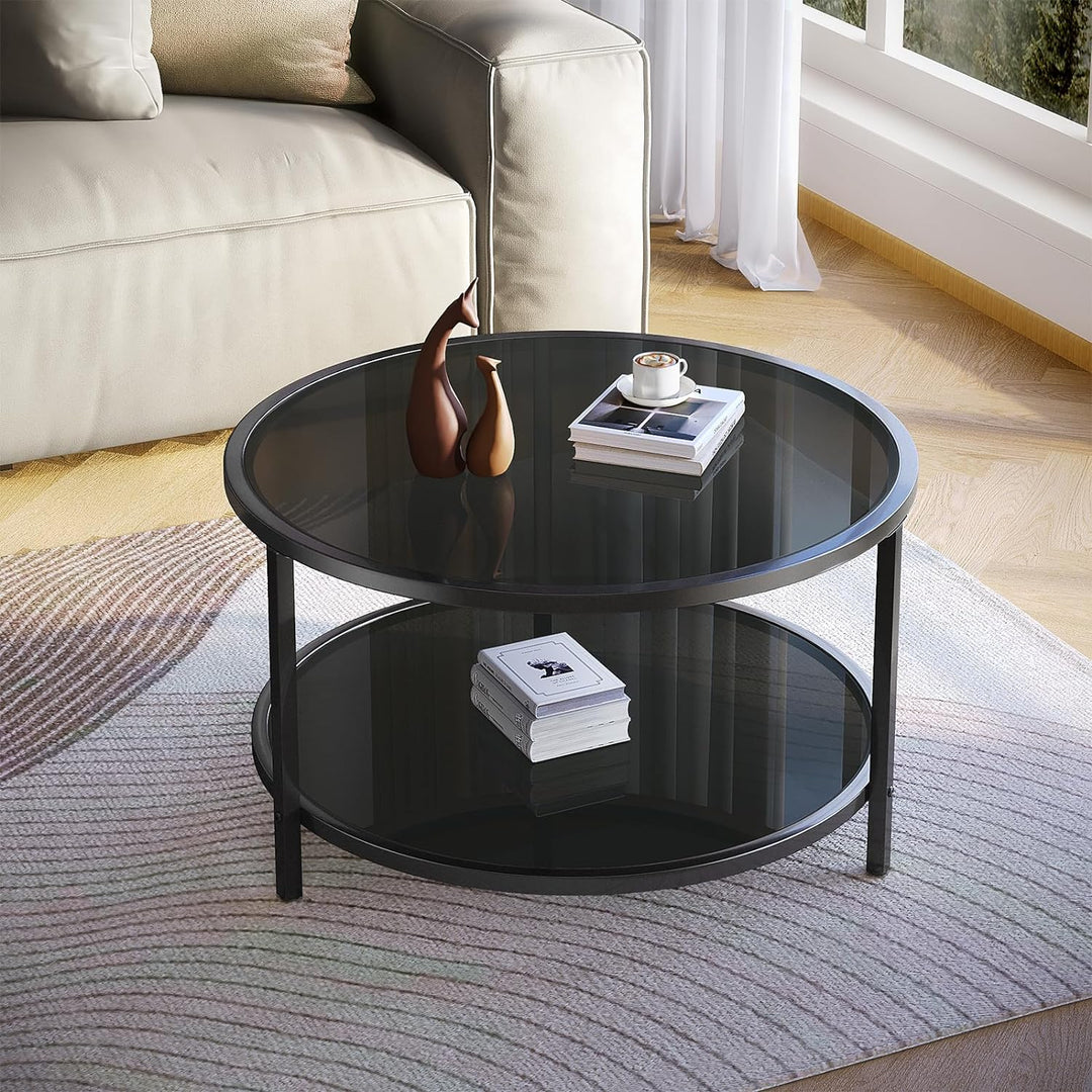 27.6'' Round Coffee Table 2 Tier Black Glass