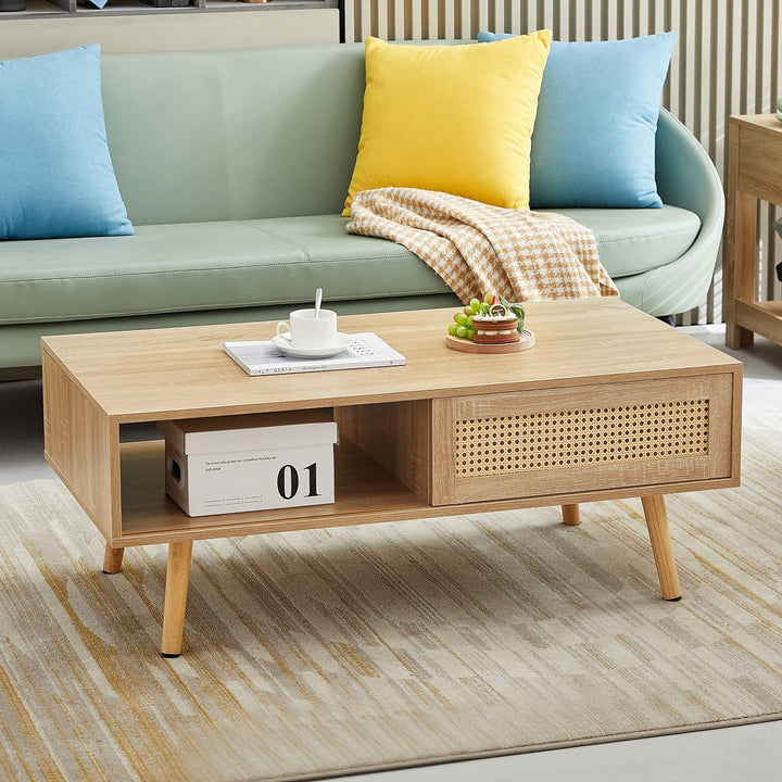 Mid-Century Modern Coffee Table with Rattan Woven Door, Wood