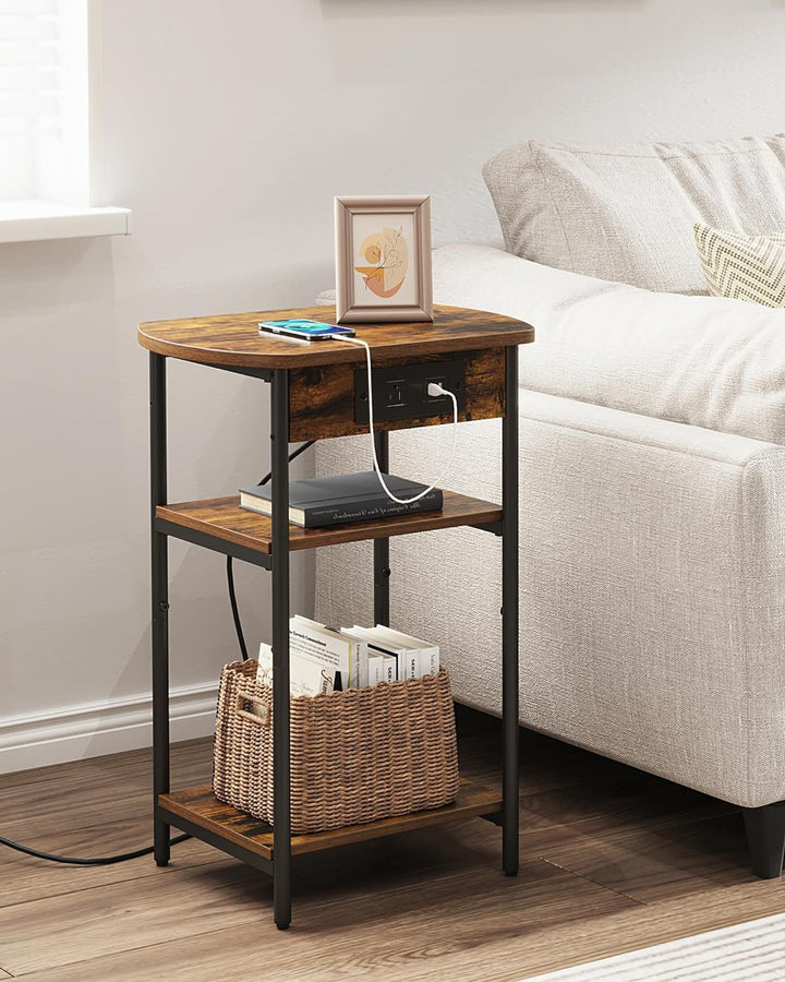 3 Tier Storage Bed Side Table, Rustic Brown Black