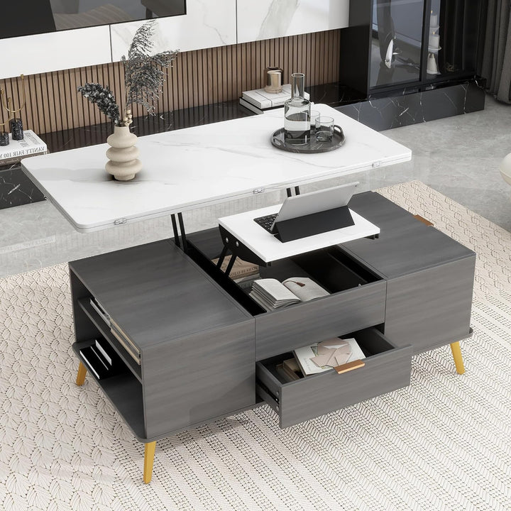 Merax Modern Lift Top Coffee Table, Convertible Dining, Grey & White