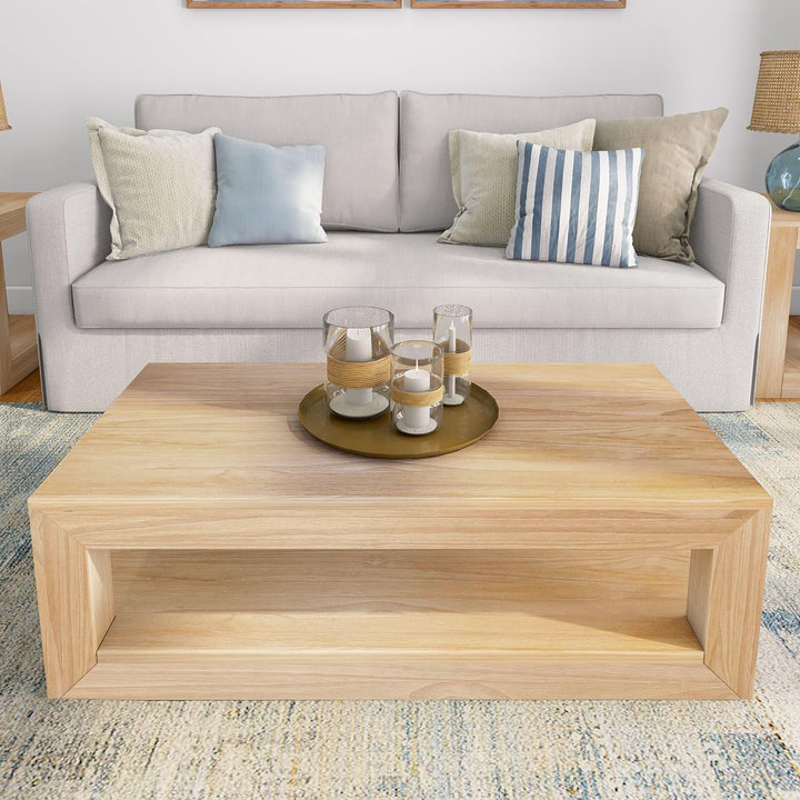 Rectangular Modern Coffee Table with Shelf, Solid Wood, Blonde Wirebrush