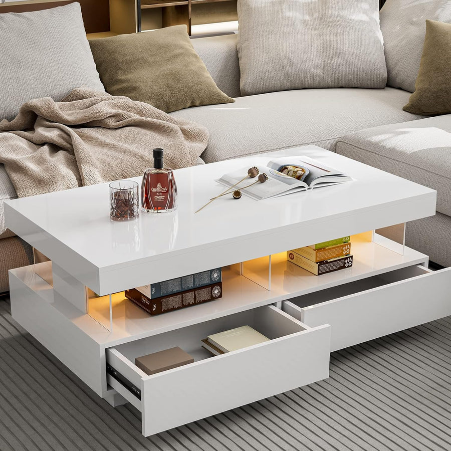 Modern LED Coffee Table, White High Gloss Finish, Acrylic Design