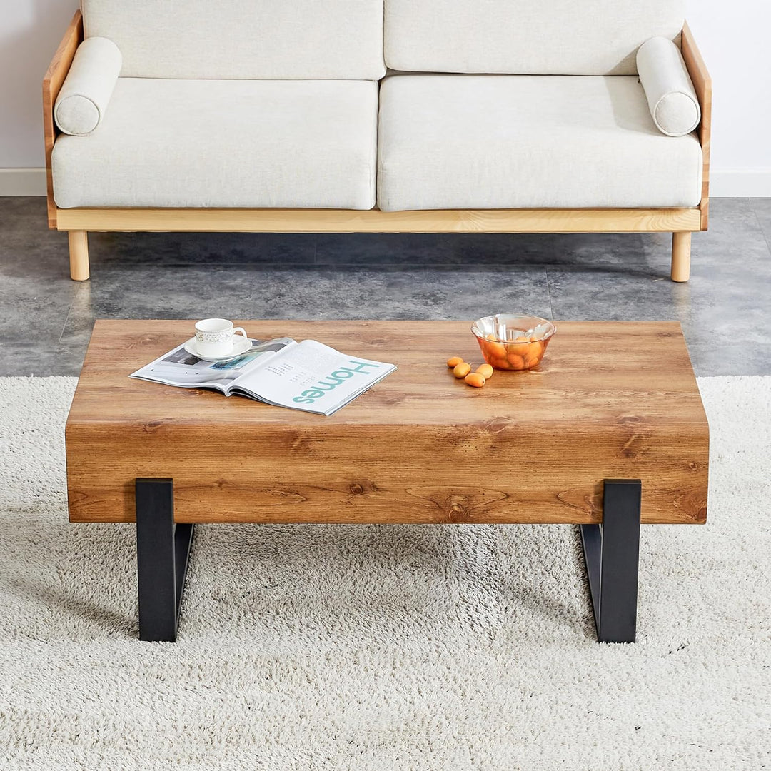 Modern Walnut Wood Rectangular Coffee Table, Black Metal Legs