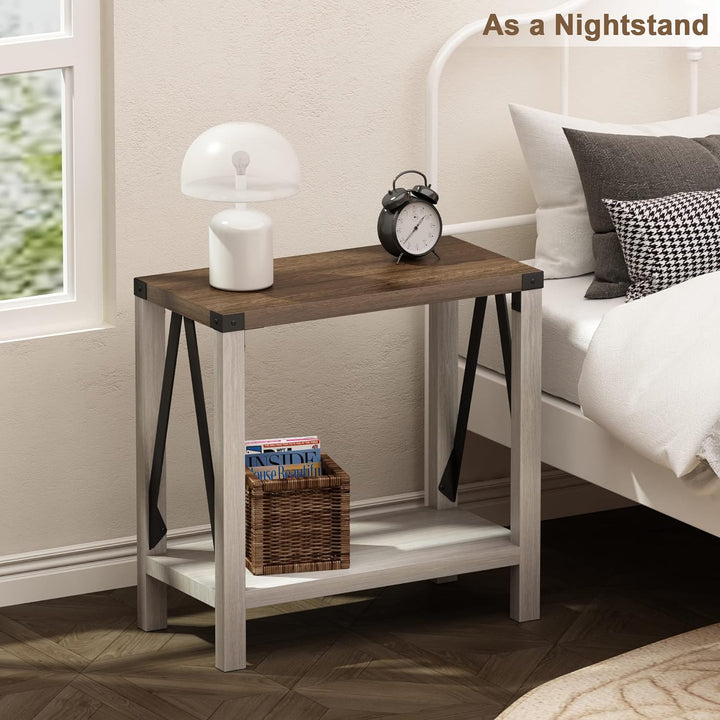 Farmhouse End Table, Rustic Nightstand (White & Brown)