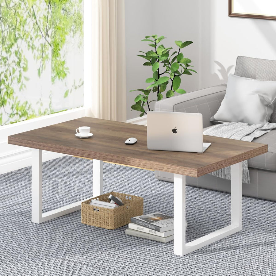 Farmhouse Living Room Table, Modern Minimalist Wood Coffee Table, White and Rustic Oak