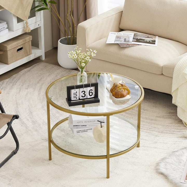 Elegant Glass Coffee Table, Champagne Gold Finish