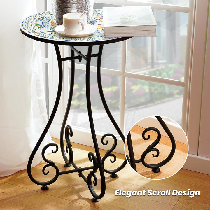 Side Table, 16" Round End Table, Unique Relief Ceramic Tile Tabletop with Metal Frame, Metal Scrollwork Accent Table