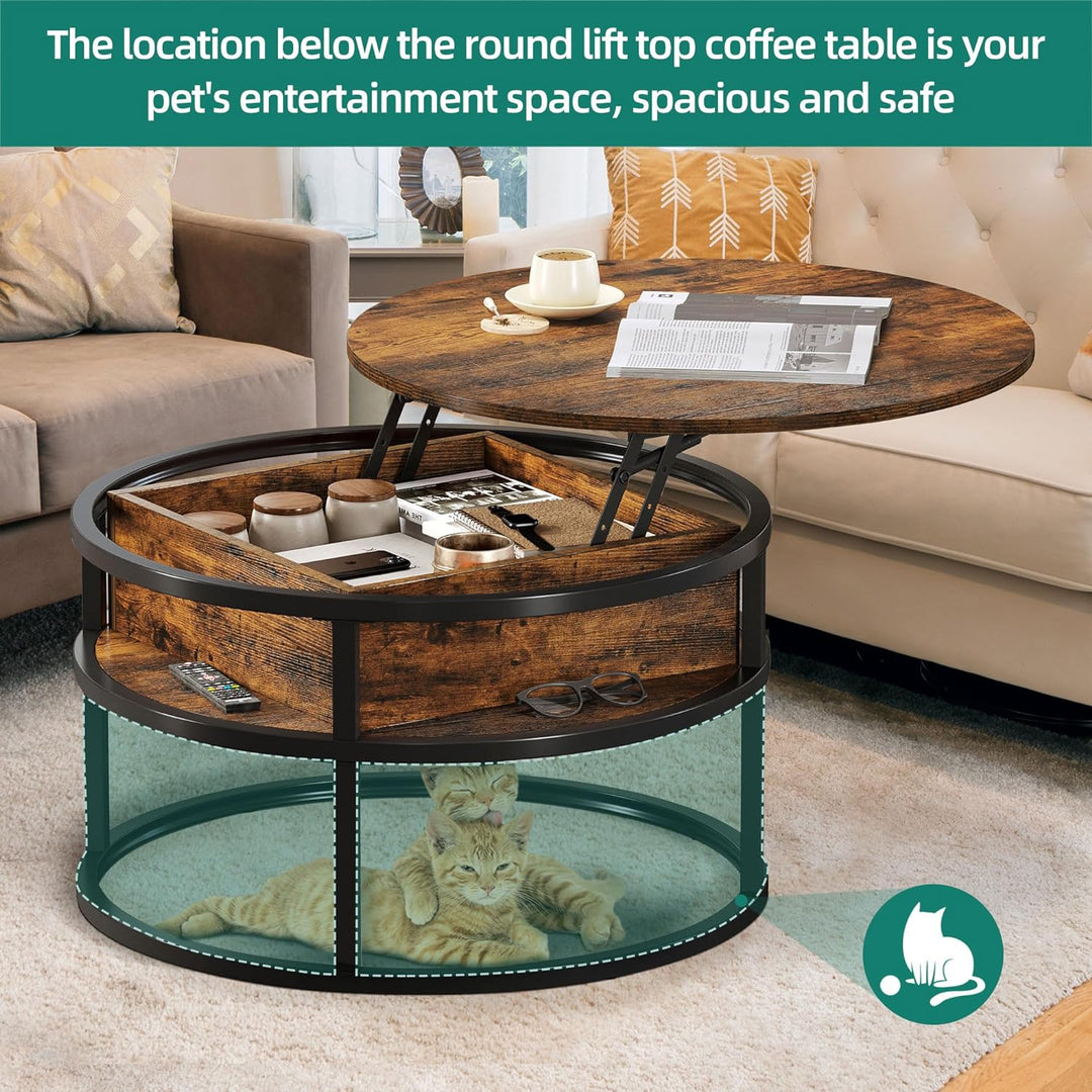 YITAHOME Round Lift Top Coffee Table with Hidden Storage, Rustic Brown