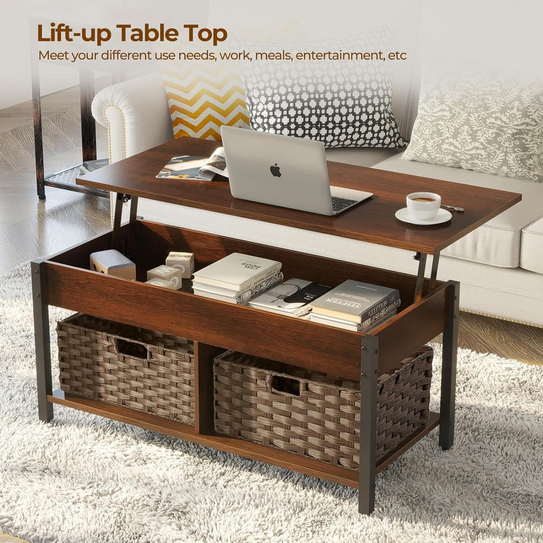 Lift Top Coffee Table with Hidden Storage, Rattan Baskets, Espresso