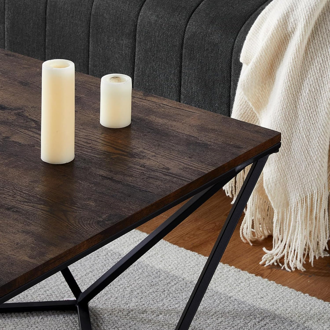 Rustic Square Coffee Table, Modern Industrial Style, Wooden Top, Metal Frame, Rustic Brown