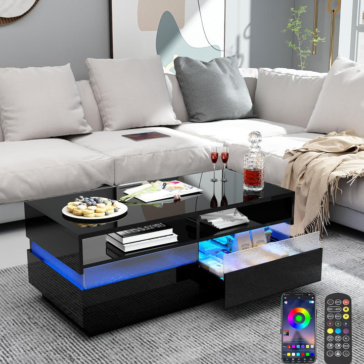 Modern High Gloss Black LED Coffee Table, 2-Tier, App Control