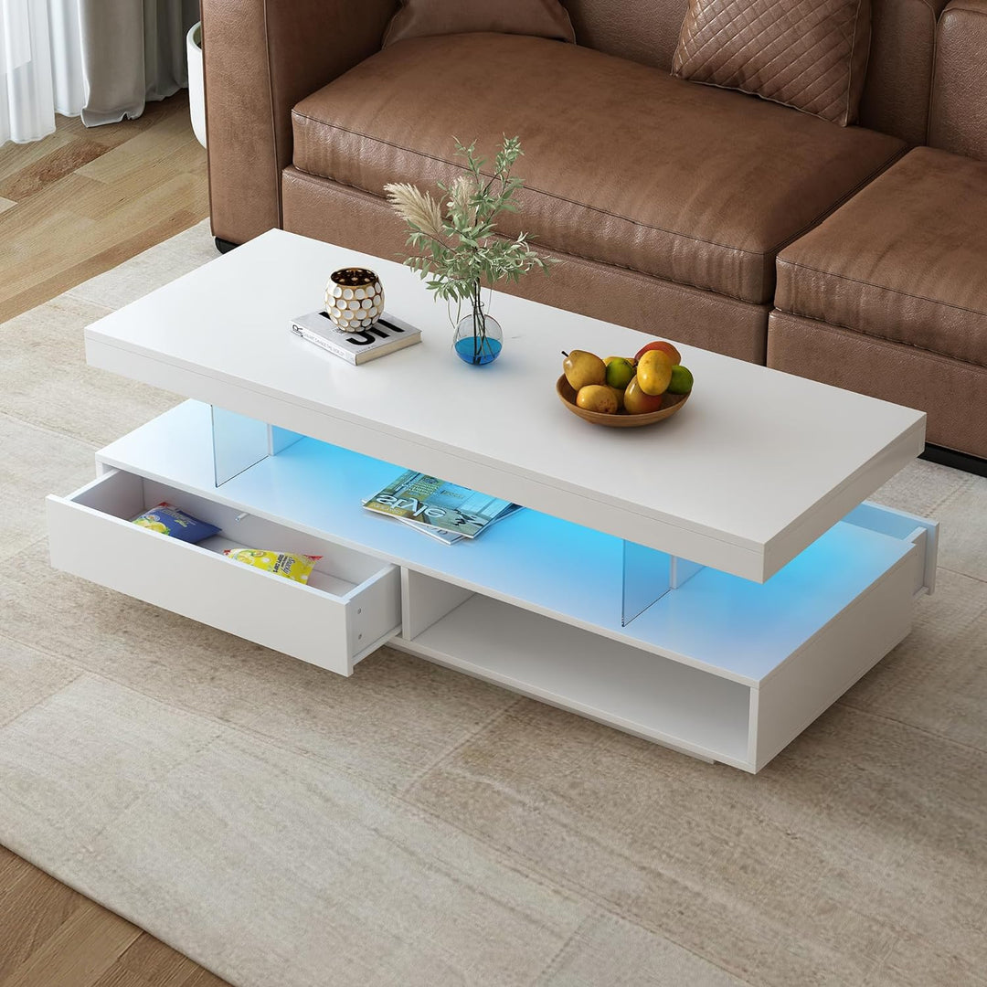 High Gloss Coffee Table with Storage, LED Lights, White