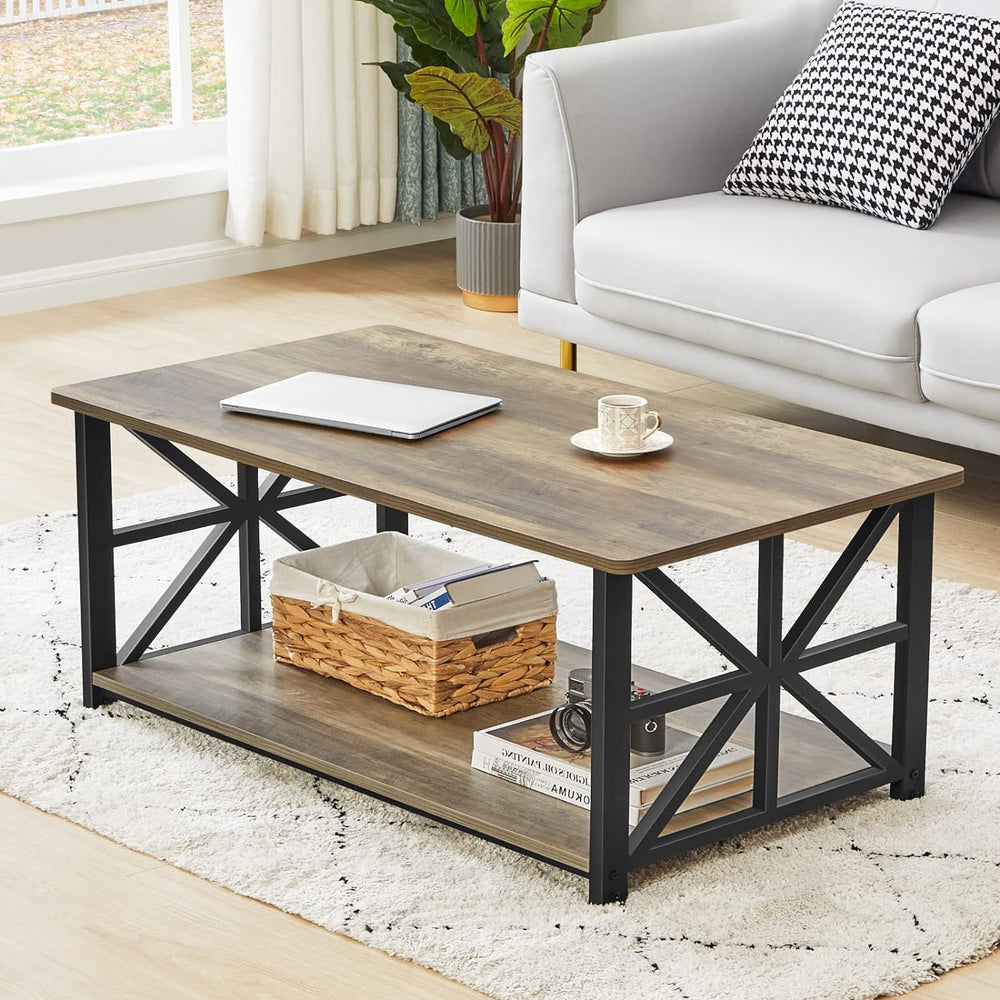 Farmhouse Coffee Table with Round Corners, Storage Shelf, Gray Wash