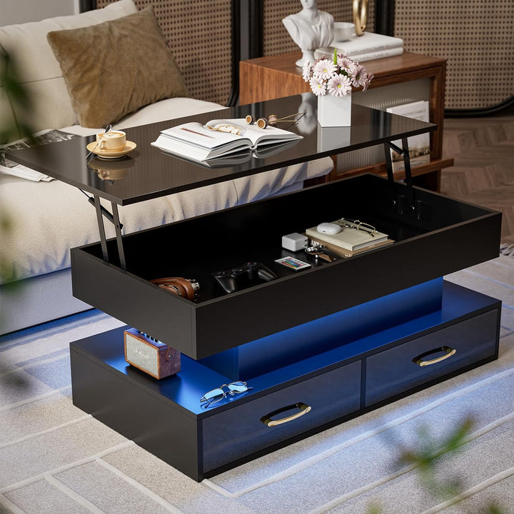 Lift Top Coffee Table with LED Lights, 2 Drawers, Black