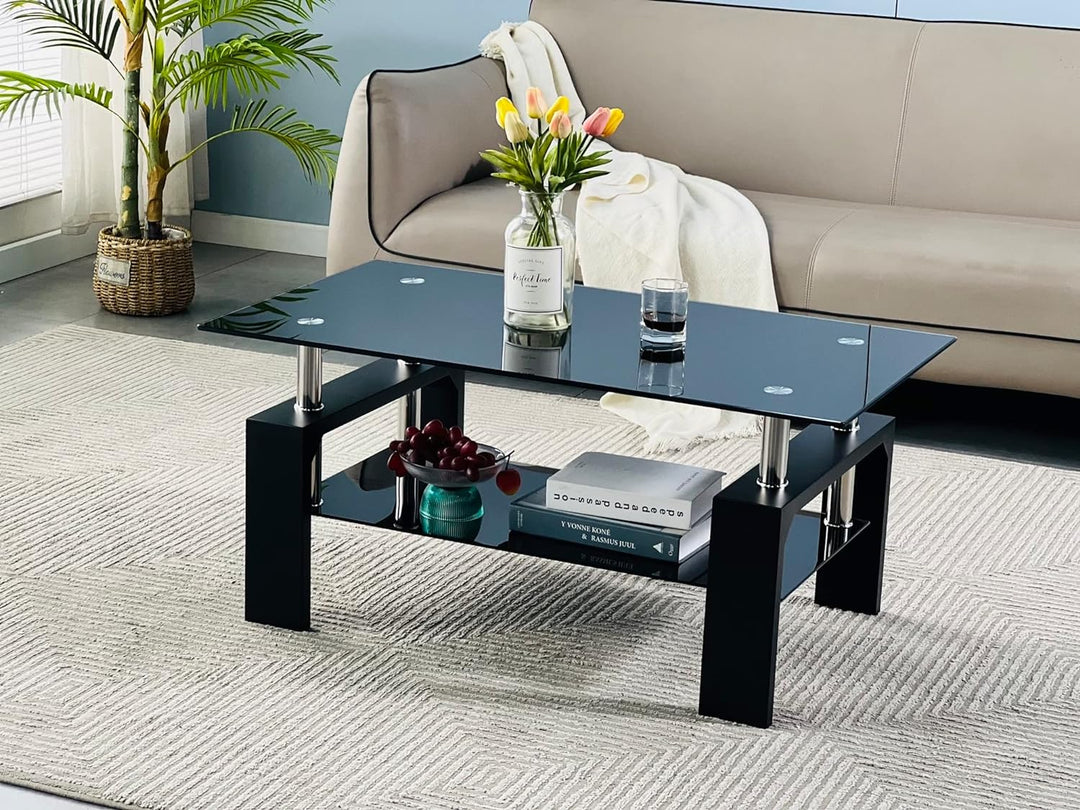 Living Room Rectangle Coffee Table, Modern Side Table, Black