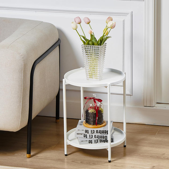 2 Tier Round Metal Side Table, Folding End Tables