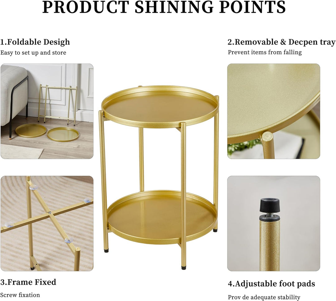 2 Tier Round Metal Side Table, Folding End Tables (Gold)