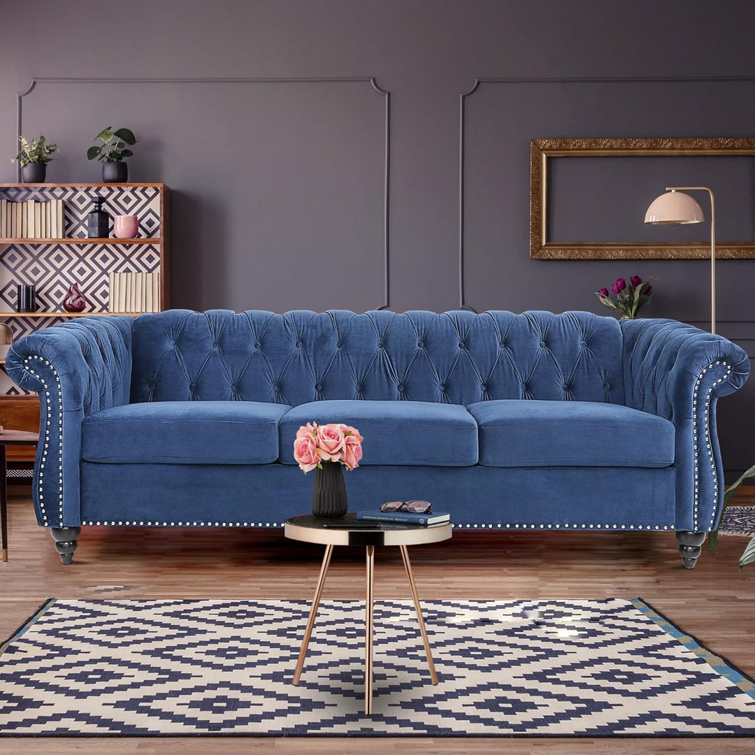 Chesterfield Sofa, Modern Velvet Tufted Couch 3 Seater (Blue)