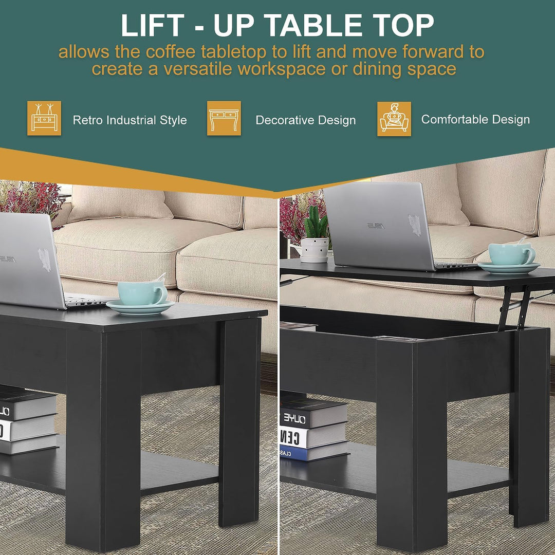 Lift Top Coffee Table with Hidden Storage, Wooden Dining Table, Black