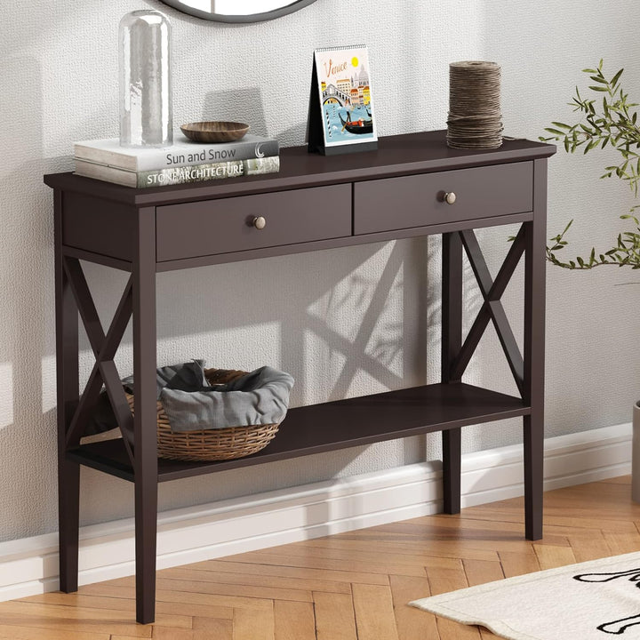 Console Table with Drawers, Narrow Wood Accent Espresso