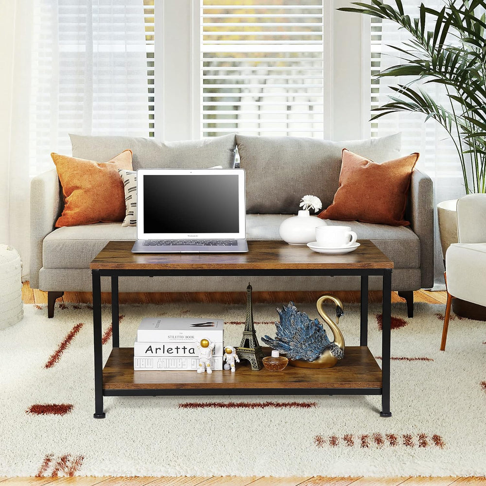 2-Tier Industrial Coffee Table with Storage Shelf, Retro Brown