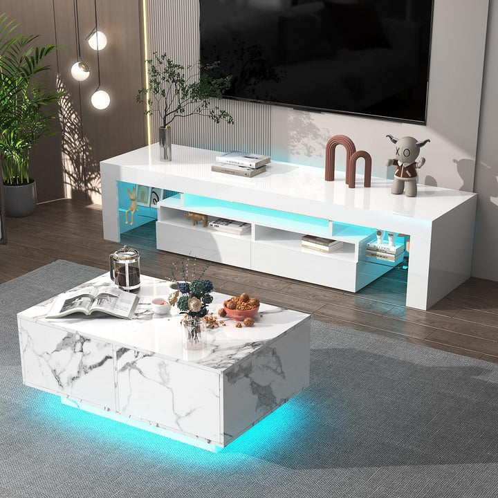 Modern High Gloss Coffee Table with LED Lighting, White Marble