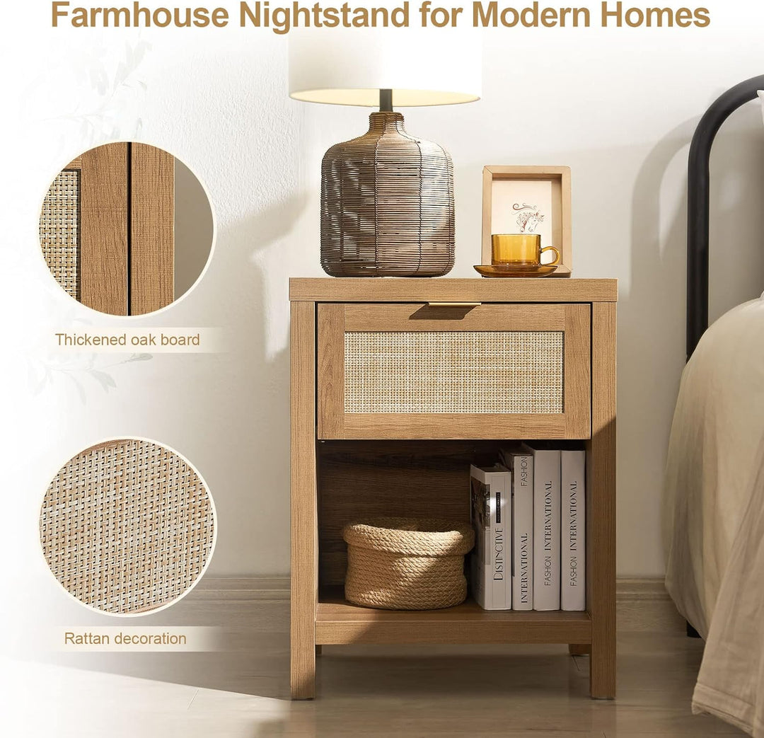 Rattan Nightstand Set of 2 - Farmhouse Night Stand