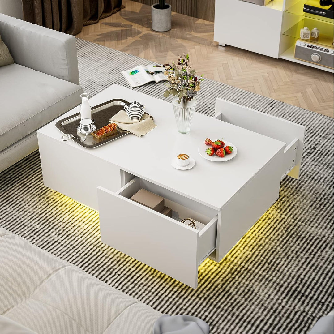 Modern White LED Coffee Table with 4 Drawers, 16 Color Lighting