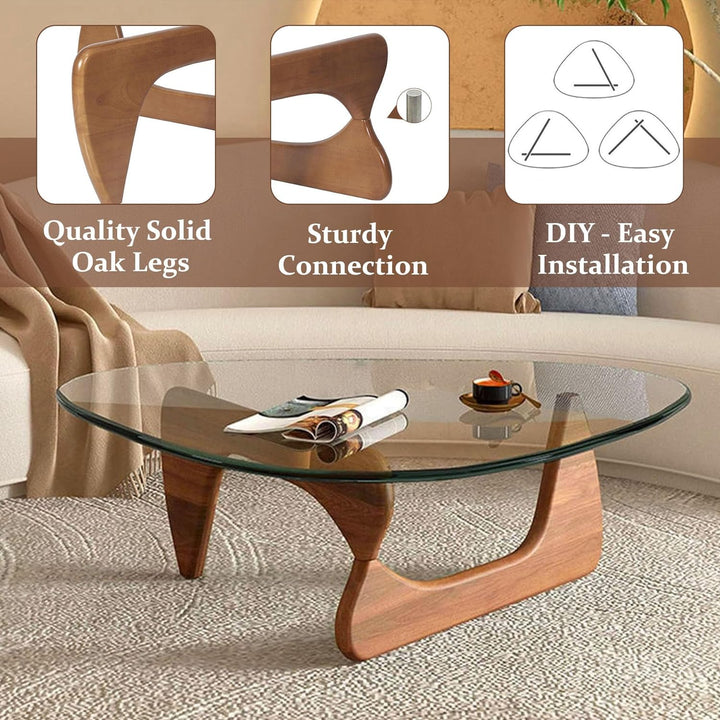 Triangle Glass Coffee Table, Mid-Century Modern End Table, Walnut Transparent