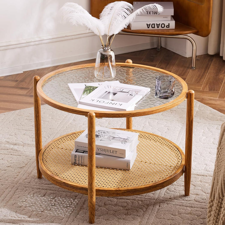 Rattan Coffee Table, Round Water-Wave Glass Metal, Waterwave-round Rattan Walnut