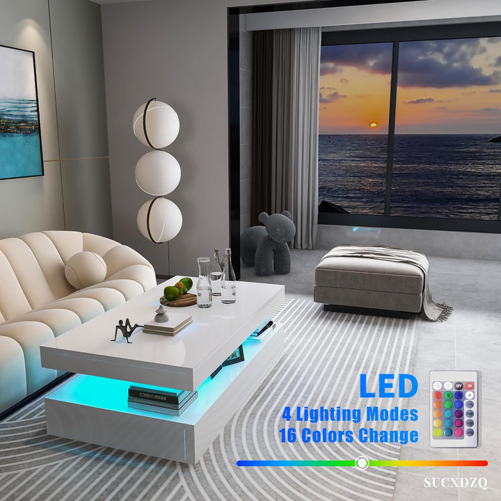 LED Coffee Table, Modern Coffee Table with Remote Control, High Gloss Rectangular Coffee Table, White