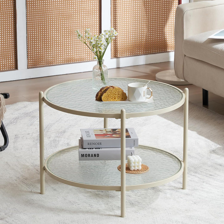 Cream White Round Coffee Table with Water-Wave Glass Circle