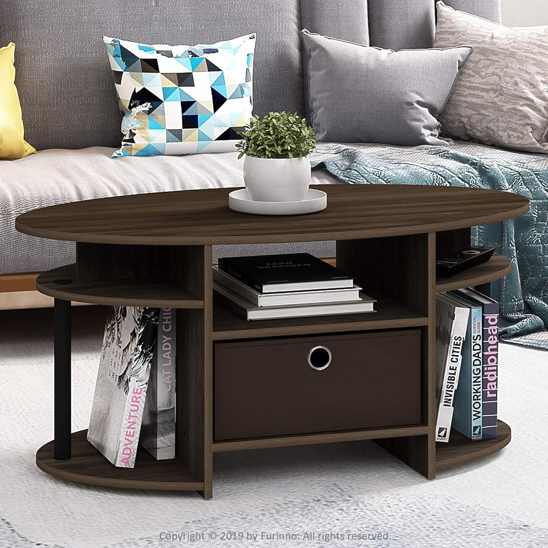 Furinno Jaya Simple Design Oval Coffee Table with Storage Bin, Columbia Walnut/Black/Dark Brown