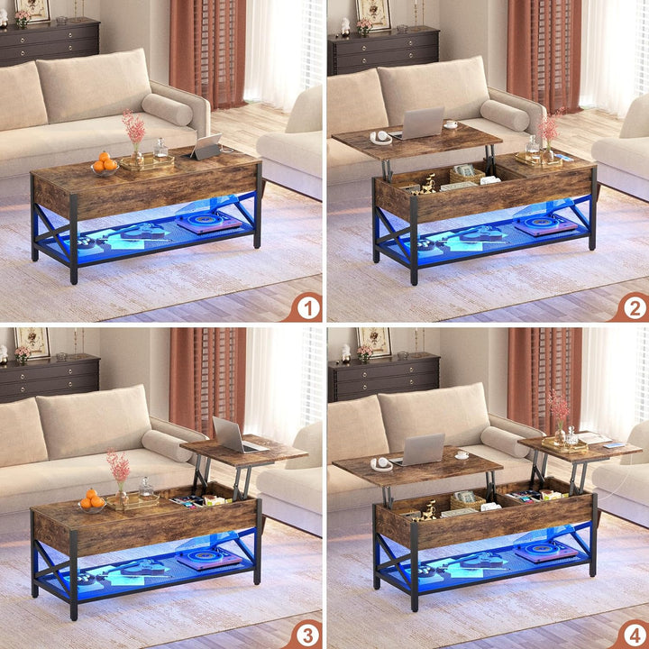 Coffee Table with Lift Top Storage, LED Light, Power Outlet, Rustic Brown