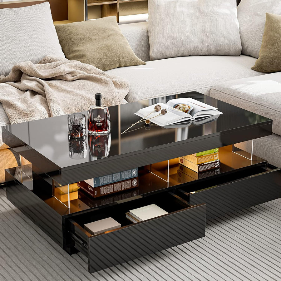 Modern LED Coffee Table, Black High Glossy Acrylic Design