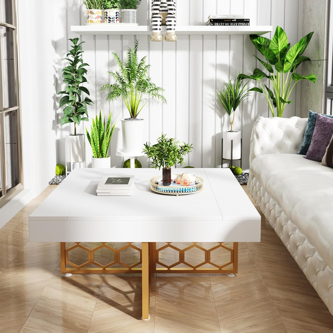 Elegant White and Gold Square Coffee Table for Living Room