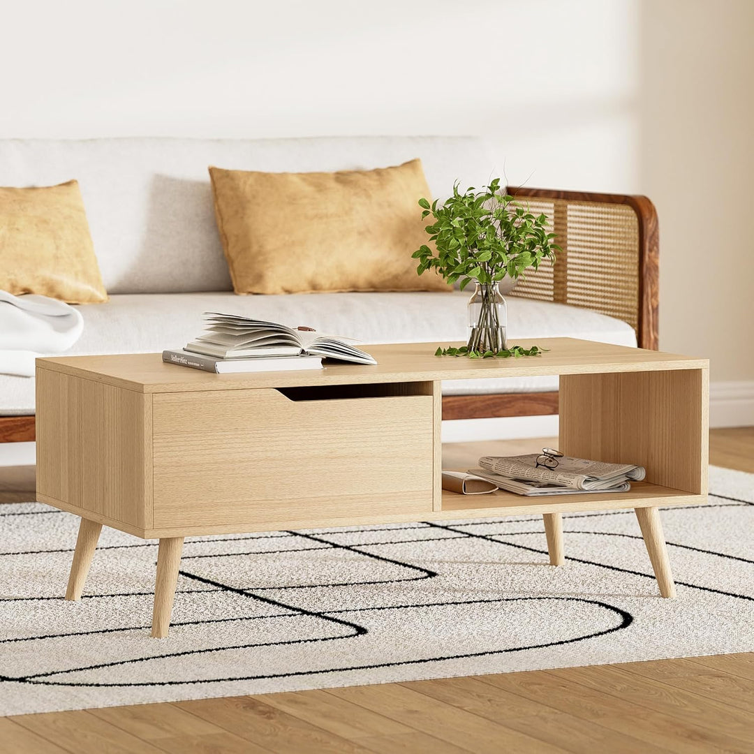 Elegant Mid-Century Modern Oak Coffee Table with Storage