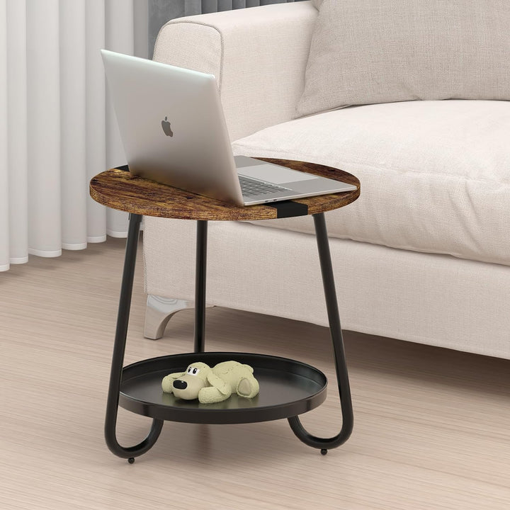 Versatile Industrial-Style Round End Table with Metal Tray, Rustic Brown