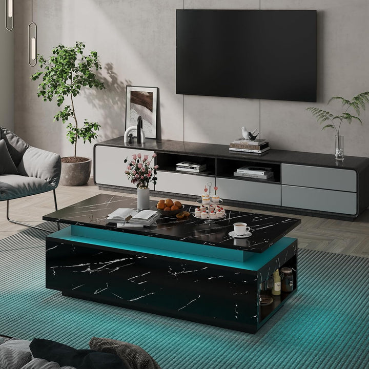 LED Coffee Table with Storage, Wireless Charging, Bluetooth - Black