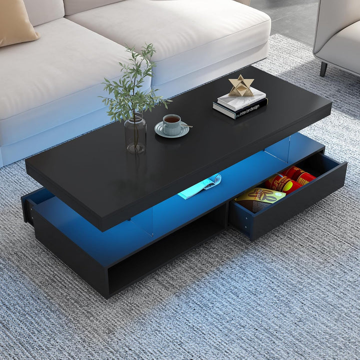 Polibi Modern Center Table with Storage, LED Lights, Black