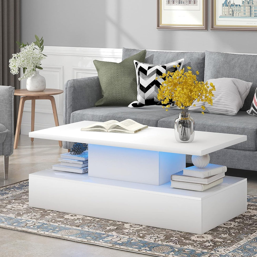 Coffee Table with LED Lighting, 16 Colors, Remote Control, White