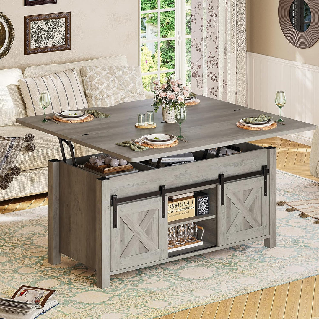 Lift Top Coffee Table, Convertible 4-in-1 Farmhouse, Grey