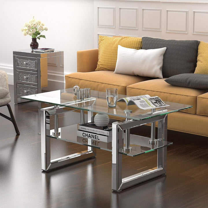 IKIFLY Glass Coffee Table, Mirrored Clear Rectangle Glass End Table