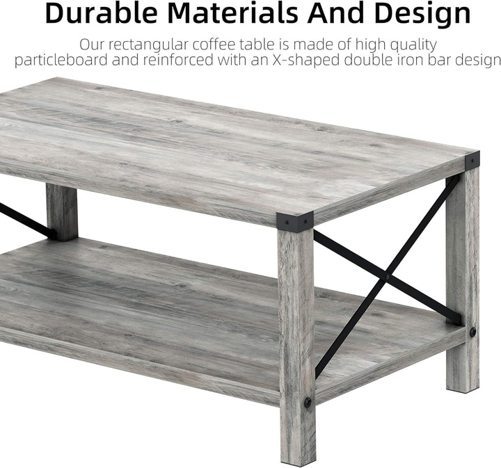 Farmhouse Coffee Table, 2-Tier Industrial Wood Look Grey