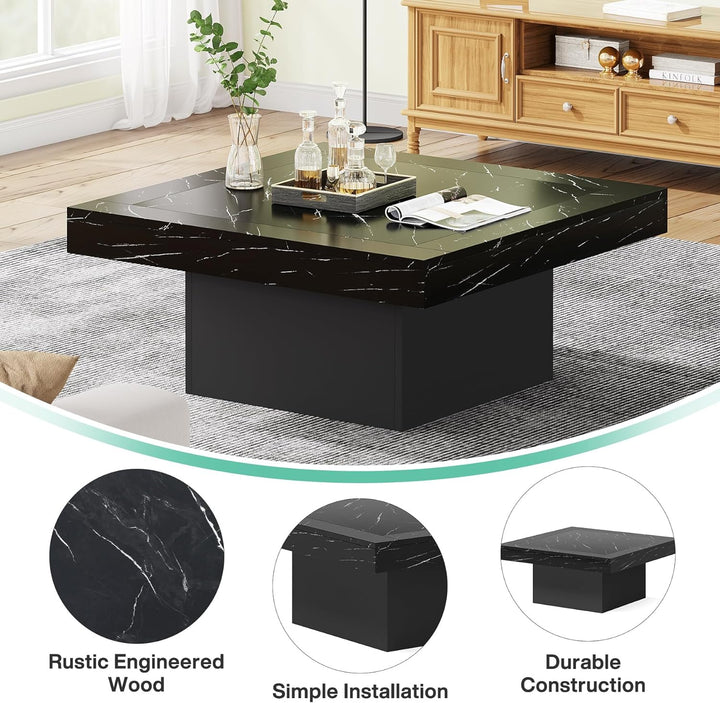 Stylish Square LED Coffee Table, Faux Marble Blackblack