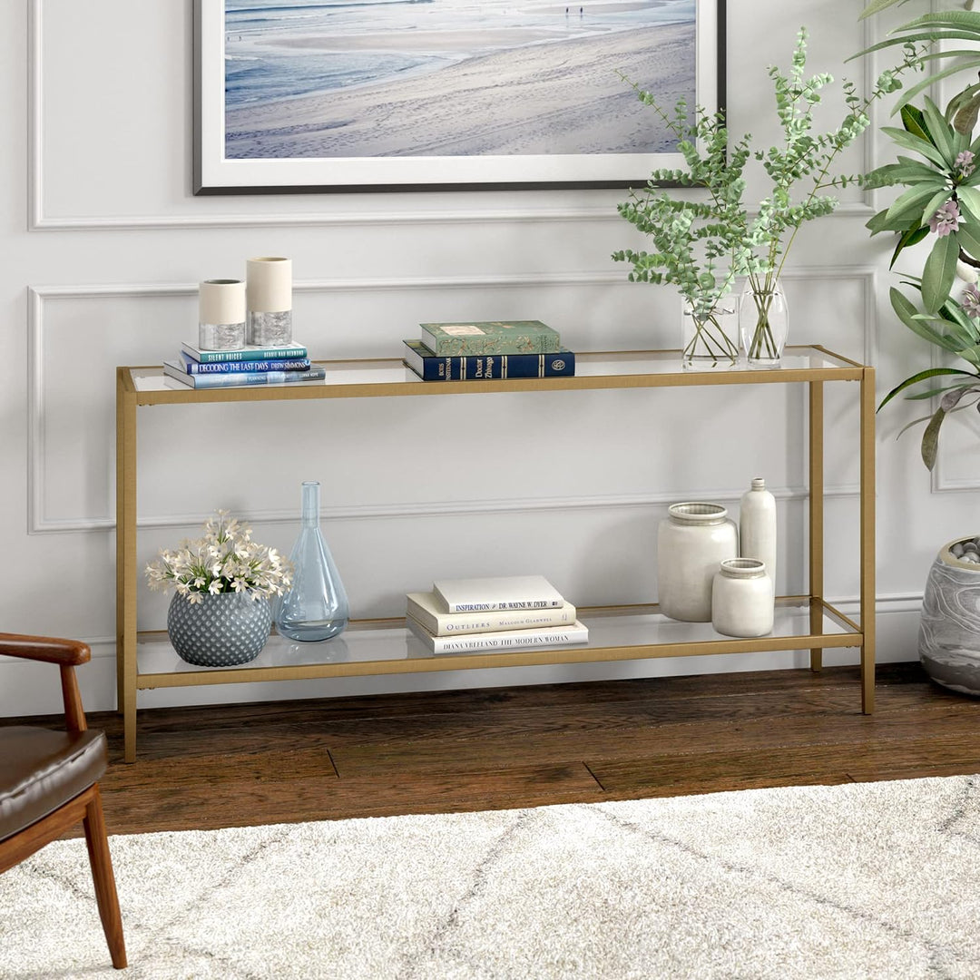 Rectangular Console Table with Glass Shelf, Brushed Brass