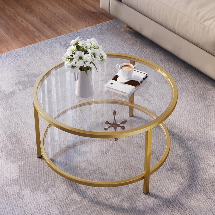 Round Glass Coffee Table 2 Tier Storage Shelf